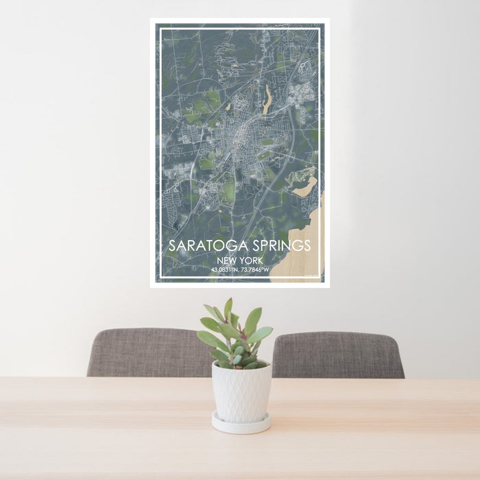 24x36 Saratoga Springs New York Map Print Portrait Orientation in Afternoon Style Behind 2 Chairs Table and Potted Plant