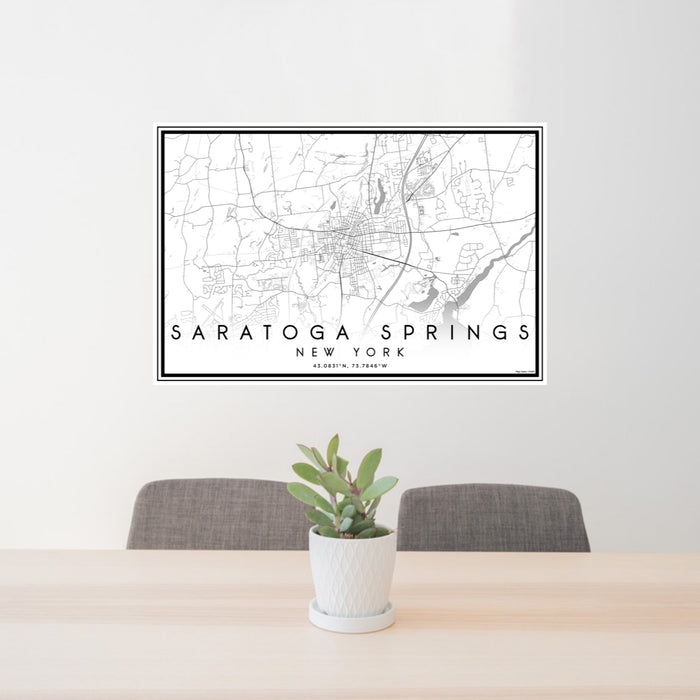 24x36 Saratoga Springs New York Map Print Lanscape Orientation in Classic Style Behind 2 Chairs Table and Potted Plant