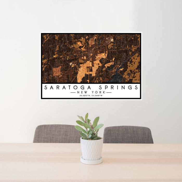24x36 Saratoga Springs New York Map Print Lanscape Orientation in Ember Style Behind 2 Chairs Table and Potted Plant