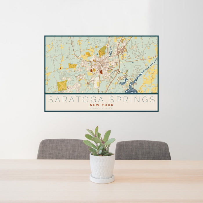 24x36 Saratoga Springs New York Map Print Lanscape Orientation in Woodblock Style Behind 2 Chairs Table and Potted Plant