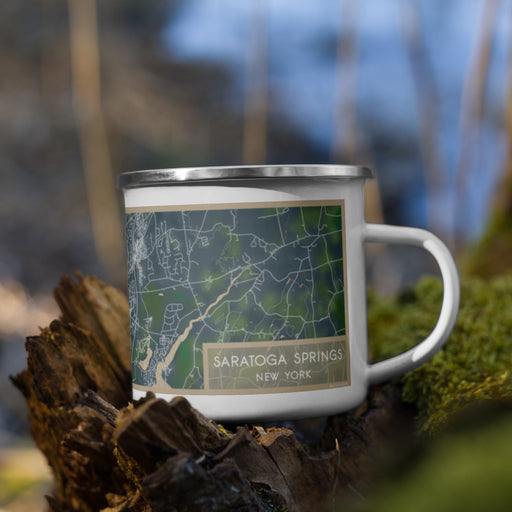 Right View Custom Saratoga Springs New York Map Enamel Mug in Afternoon on Grass With Trees in Background