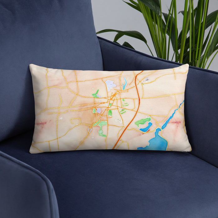 Custom Saratoga Springs New York Map Throw Pillow in Watercolor on Blue Colored Chair