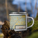 Right View Custom Saratoga Springs New York Map Enamel Mug in Woodblock on Grass With Trees in Background