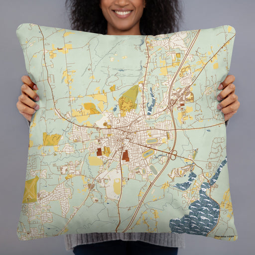 Person holding 22x22 Custom Saratoga Springs New York Map Throw Pillow in Woodblock