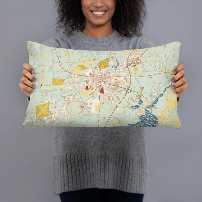 Person holding 20x12 Custom Saratoga Springs New York Map Throw Pillow in Woodblock