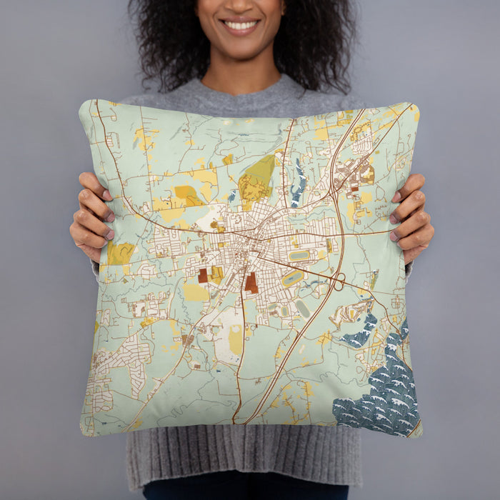 Person holding 18x18 Custom Saratoga Springs New York Map Throw Pillow in Woodblock