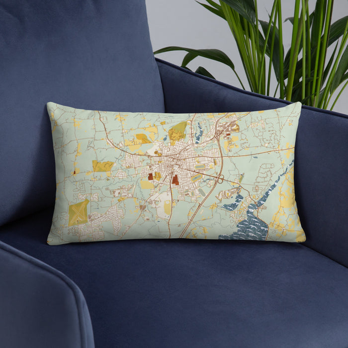 Custom Saratoga Springs New York Map Throw Pillow in Woodblock on Blue Colored Chair