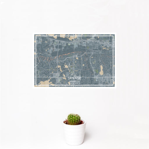 12x18 Savage Minnesota Map Print Landscape Orientation in Afternoon Style With Small Cactus Plant in White Planter