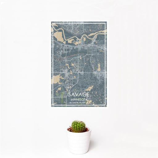 12x18 Savage Minnesota Map Print Portrait Orientation in Afternoon Style With Small Cactus Plant in White Planter