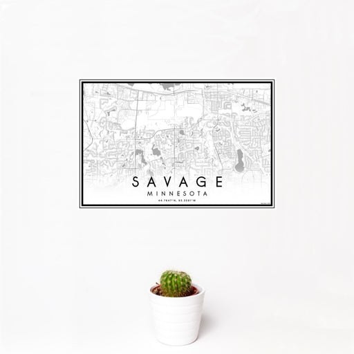 12x18 Savage Minnesota Map Print Landscape Orientation in Classic Style With Small Cactus Plant in White Planter