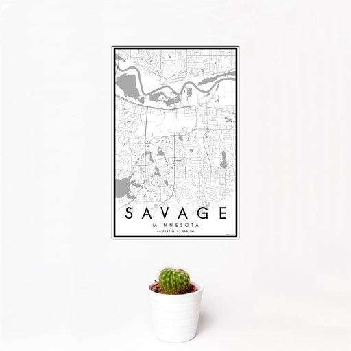 12x18 Savage Minnesota Map Print Portrait Orientation in Classic Style With Small Cactus Plant in White Planter
