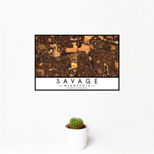 12x18 Savage Minnesota Map Print Landscape Orientation in Ember Style With Small Cactus Plant in White Planter