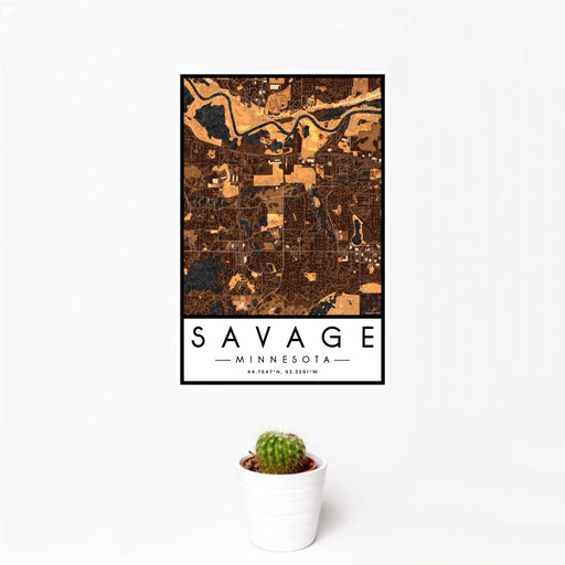 12x18 Savage Minnesota Map Print Portrait Orientation in Ember Style With Small Cactus Plant in White Planter