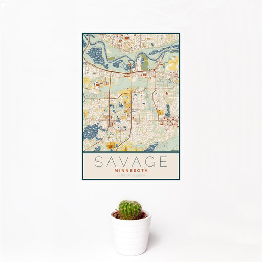 12x18 Savage Minnesota Map Print Portrait Orientation in Woodblock Style With Small Cactus Plant in White Planter