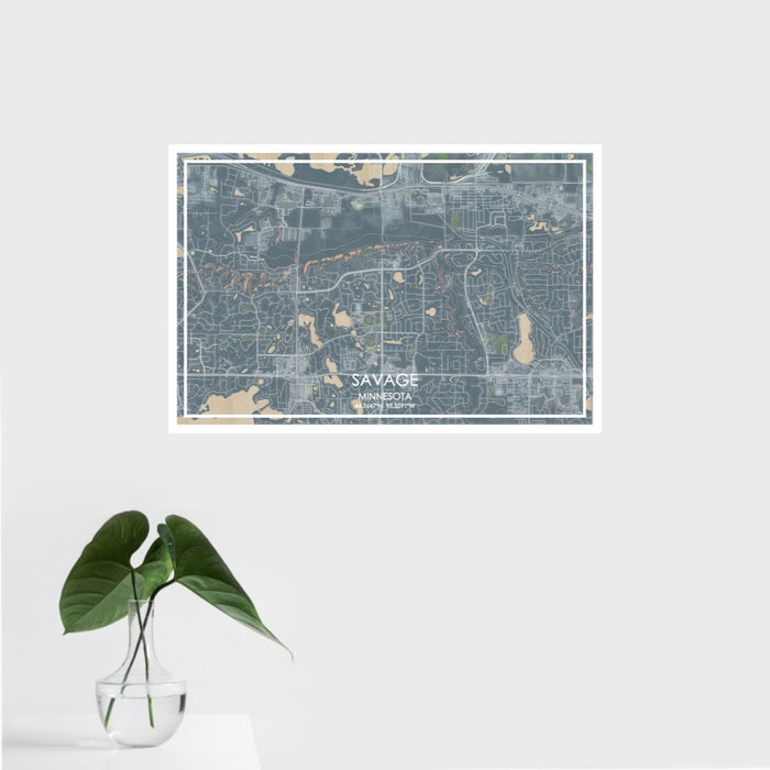 16x24 Savage Minnesota Map Print Landscape Orientation in Afternoon Style With Tropical Plant Leaves in Water