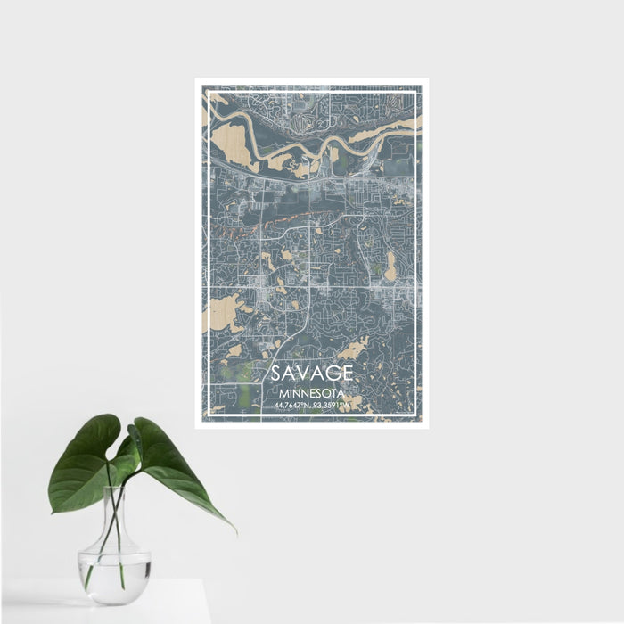 16x24 Savage Minnesota Map Print Portrait Orientation in Afternoon Style With Tropical Plant Leaves in Water