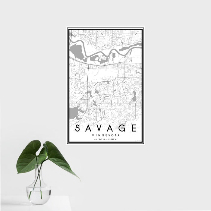 16x24 Savage Minnesota Map Print Portrait Orientation in Classic Style With Tropical Plant Leaves in Water