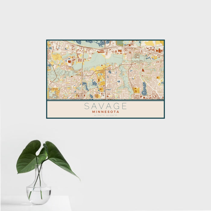 16x24 Savage Minnesota Map Print Landscape Orientation in Woodblock Style With Tropical Plant Leaves in Water