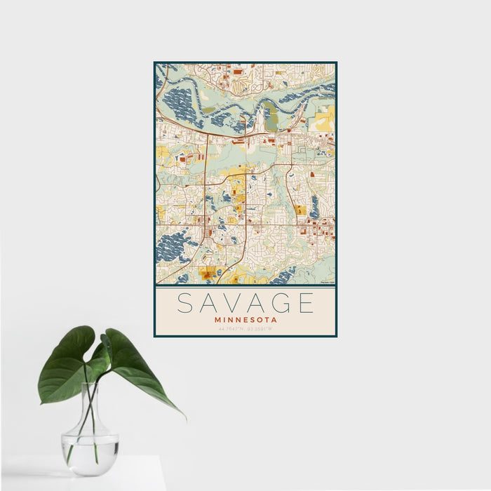 16x24 Savage Minnesota Map Print Portrait Orientation in Woodblock Style With Tropical Plant Leaves in Water