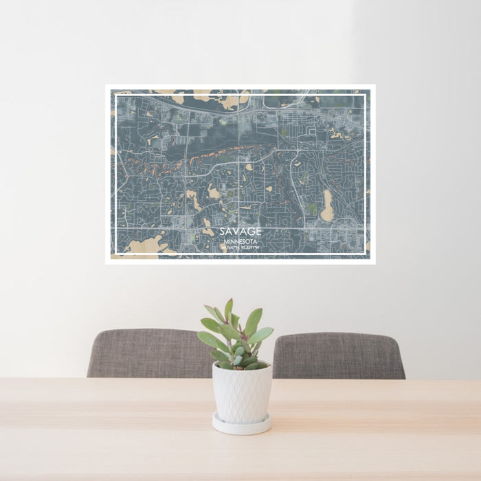 24x36 Savage Minnesota Map Print Lanscape Orientation in Afternoon Style Behind 2 Chairs Table and Potted Plant