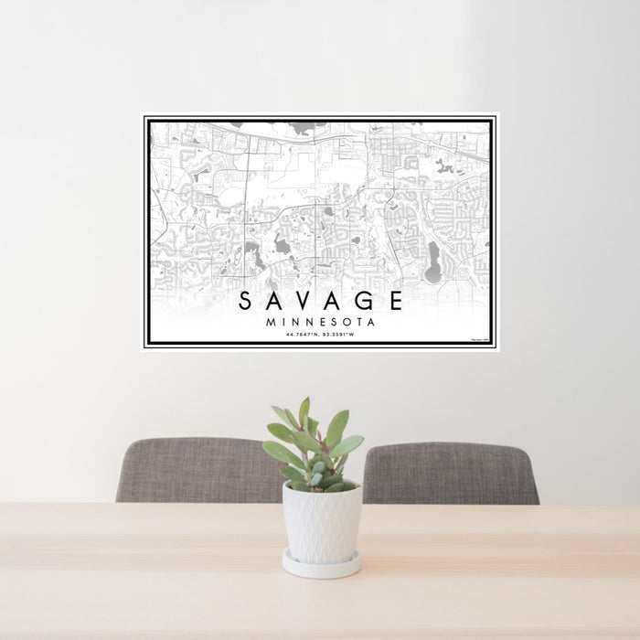 24x36 Savage Minnesota Map Print Lanscape Orientation in Classic Style Behind 2 Chairs Table and Potted Plant