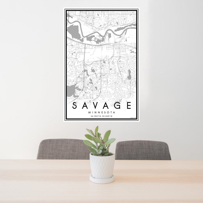 24x36 Savage Minnesota Map Print Portrait Orientation in Classic Style Behind 2 Chairs Table and Potted Plant