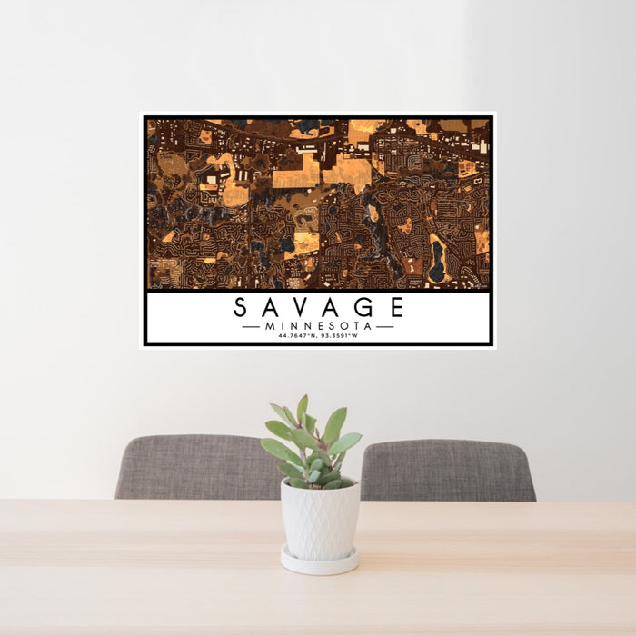 24x36 Savage Minnesota Map Print Lanscape Orientation in Ember Style Behind 2 Chairs Table and Potted Plant