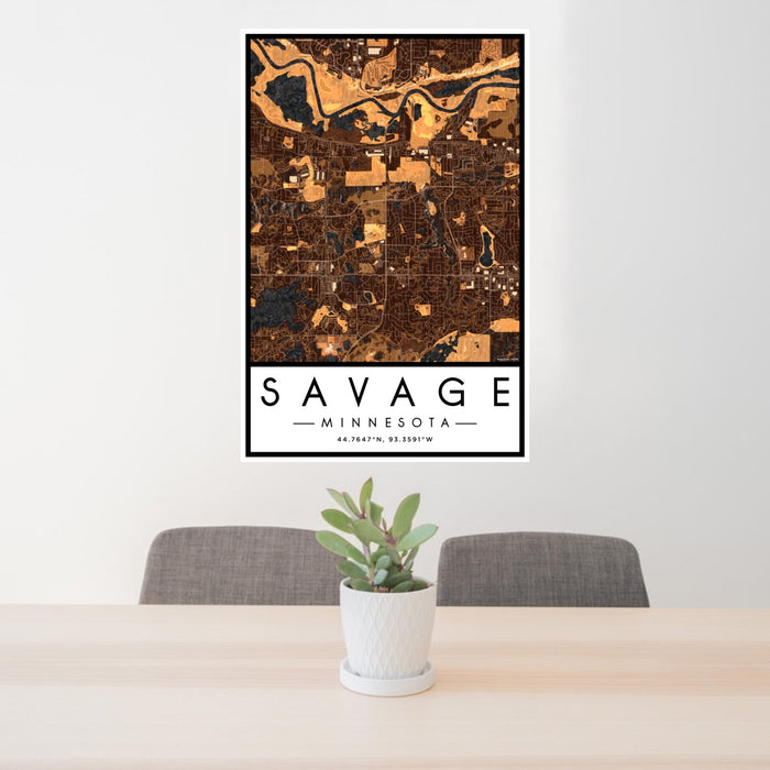 24x36 Savage Minnesota Map Print Portrait Orientation in Ember Style Behind 2 Chairs Table and Potted Plant