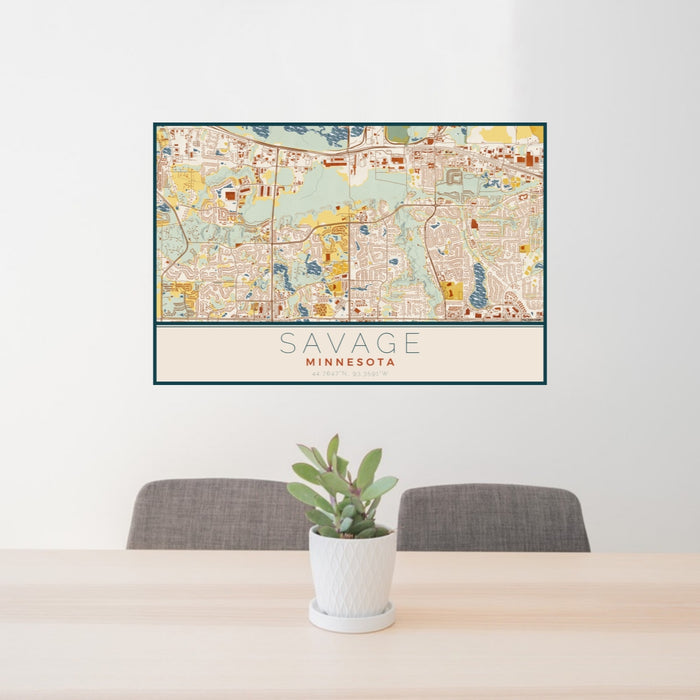 24x36 Savage Minnesota Map Print Lanscape Orientation in Woodblock Style Behind 2 Chairs Table and Potted Plant