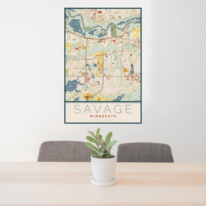 24x36 Savage Minnesota Map Print Portrait Orientation in Woodblock Style Behind 2 Chairs Table and Potted Plant