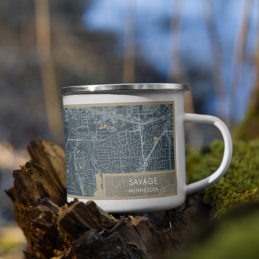 Right View Custom Savage Minnesota Map Enamel Mug in Afternoon on Grass With Trees in Background