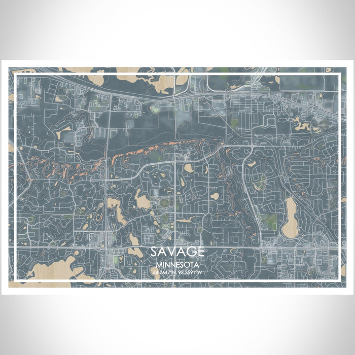 Savage Minnesota Map Print Landscape Orientation in Afternoon Style With Shaded Background