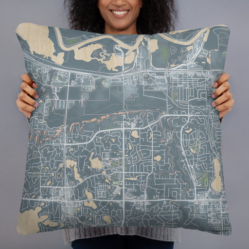 Person holding 22x22 Custom Savage Minnesota Map Throw Pillow in Afternoon