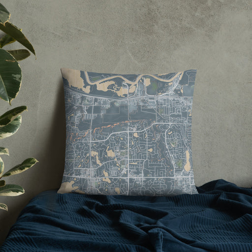 Custom Savage Minnesota Map Throw Pillow in Afternoon on Bedding Against Wall