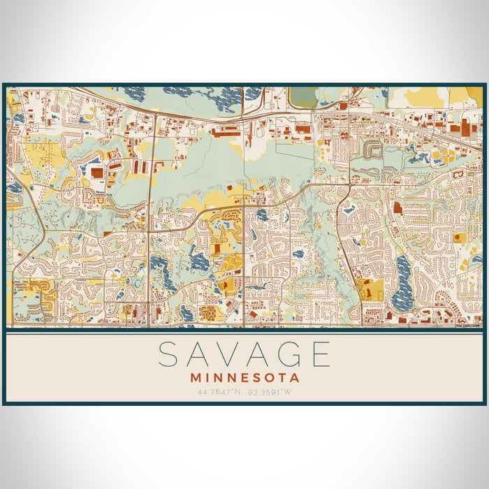 Savage Minnesota Map Print Landscape Orientation in Woodblock Style With Shaded Background