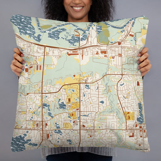 Person holding 22x22 Custom Savage Minnesota Map Throw Pillow in Woodblock