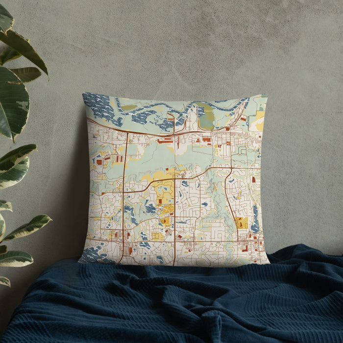 Custom Savage Minnesota Map Throw Pillow in Woodblock on Bedding Against Wall
