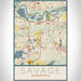 Savage Minnesota Map Print Portrait Orientation in Woodblock Style With Shaded Background