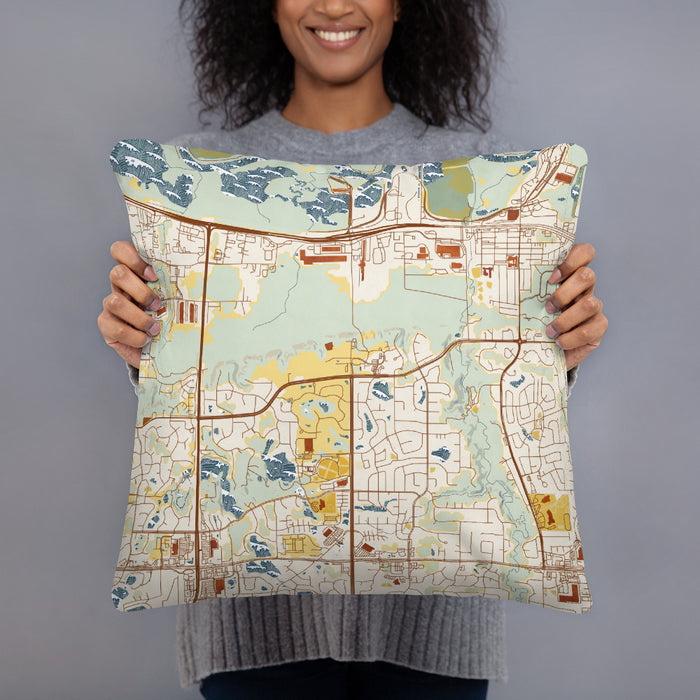Person holding 18x18 Custom Savage Minnesota Map Throw Pillow in Woodblock