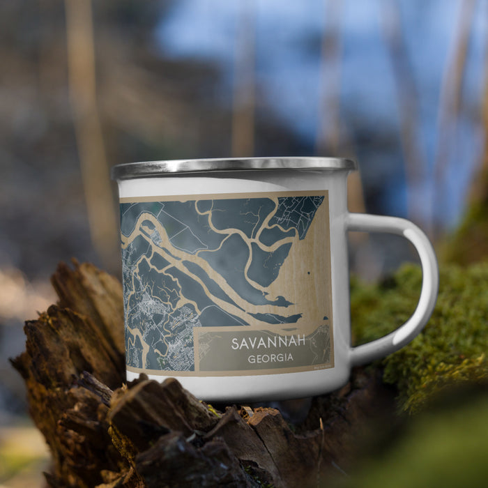 Right View Custom Savannah Georgia Map Enamel Mug in Afternoon on Grass With Trees in Background