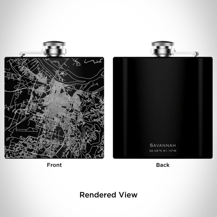 Rendered View of Savannah Georgia Map Engraving on 6oz Stainless Steel Flask in Black