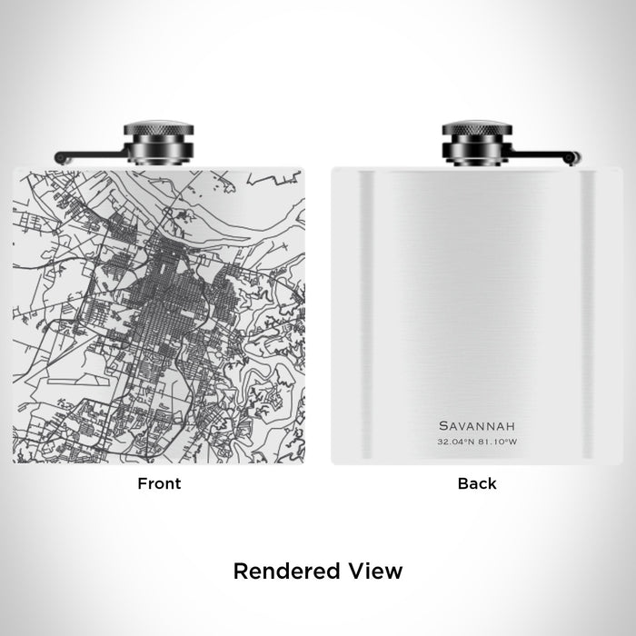 Rendered View of Savannah Georgia Map Engraving on 6oz Stainless Steel Flask in White