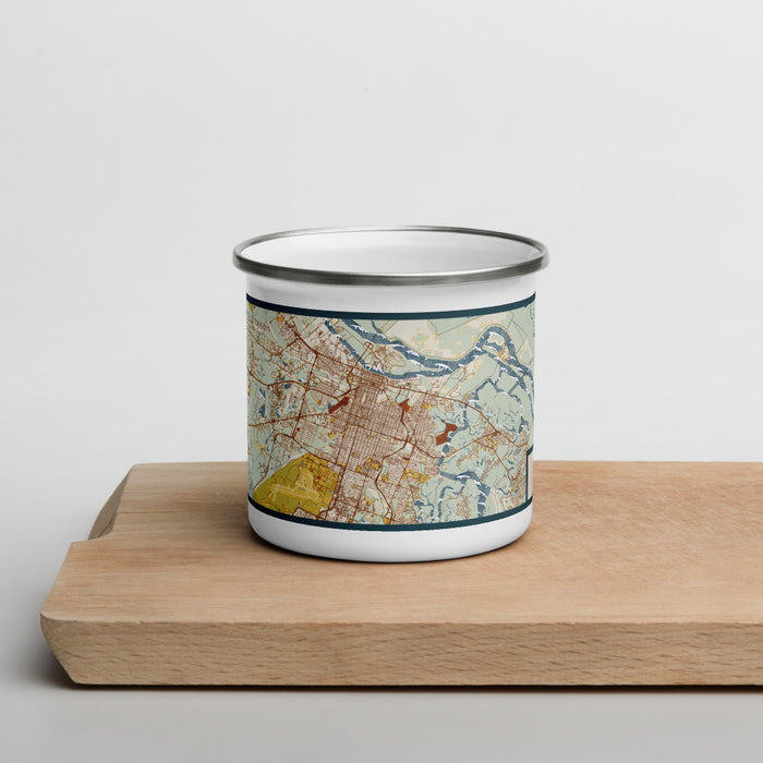 Front View Custom Savannah Georgia Map Enamel Mug in Woodblock on Cutting Board