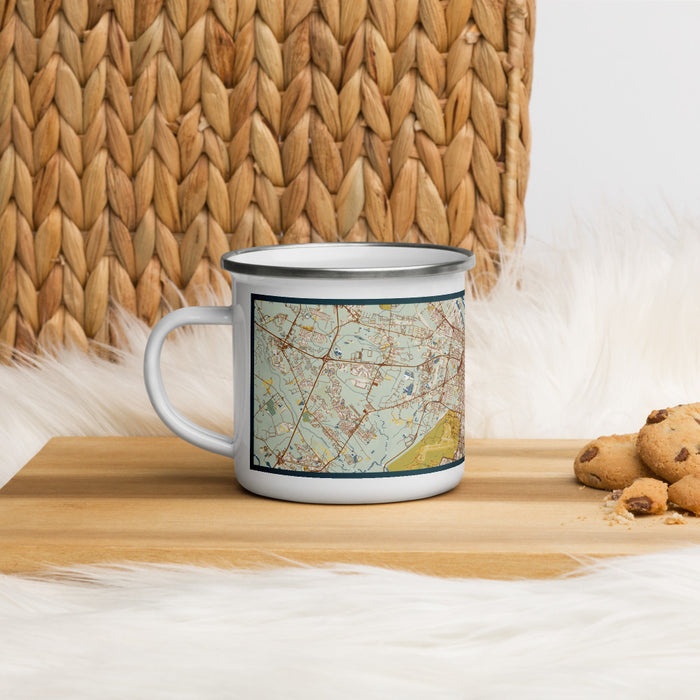 Left View Custom Savannah Georgia Map Enamel Mug in Woodblock on Table Top