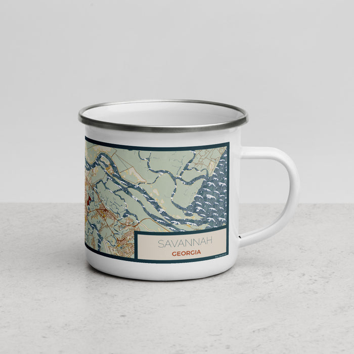 Right View Custom Savannah Georgia Map Enamel Mug in Woodblock