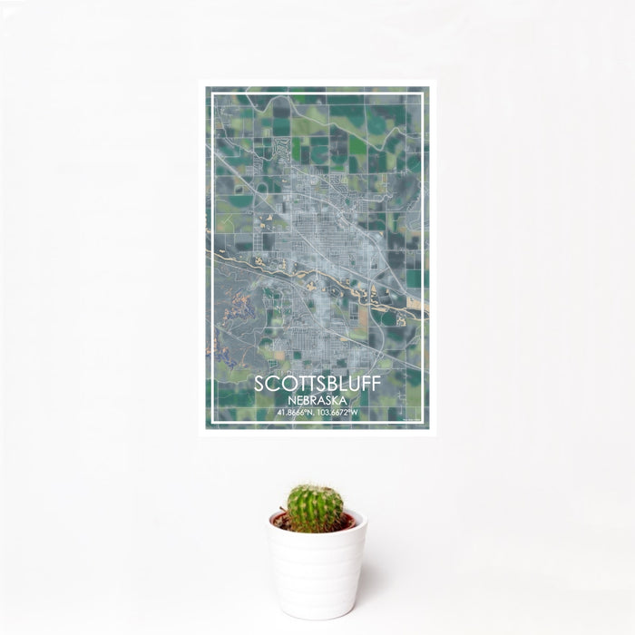 12x18 Scottsbluff Nebraska Map Print Portrait Orientation in Afternoon Style With Small Cactus Plant in White Planter