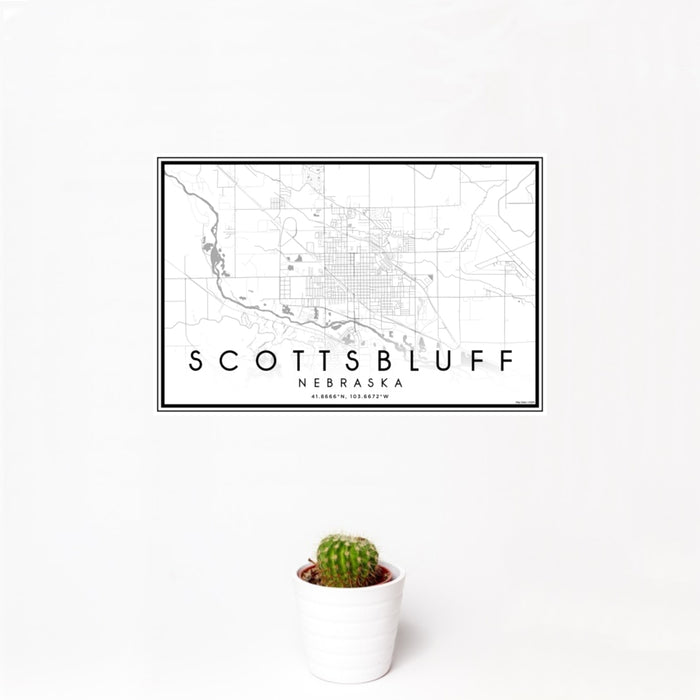 12x18 Scottsbluff Nebraska Map Print Landscape Orientation in Classic Style With Small Cactus Plant in White Planter