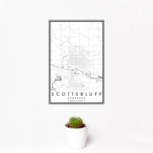12x18 Scottsbluff Nebraska Map Print Portrait Orientation in Classic Style With Small Cactus Plant in White Planter