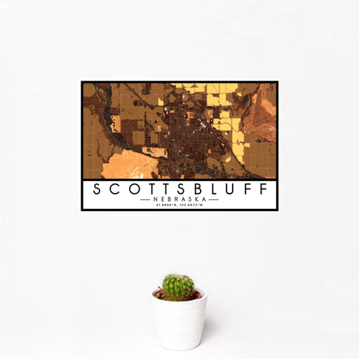 12x18 Scottsbluff Nebraska Map Print Landscape Orientation in Ember Style With Small Cactus Plant in White Planter
