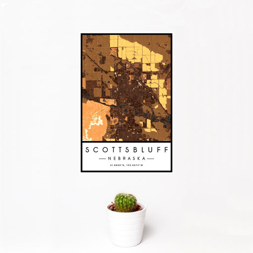 12x18 Scottsbluff Nebraska Map Print Portrait Orientation in Ember Style With Small Cactus Plant in White Planter